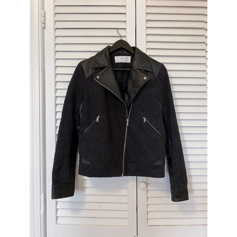 Thakoon black motorcycle biker jacket, floral with leather accent